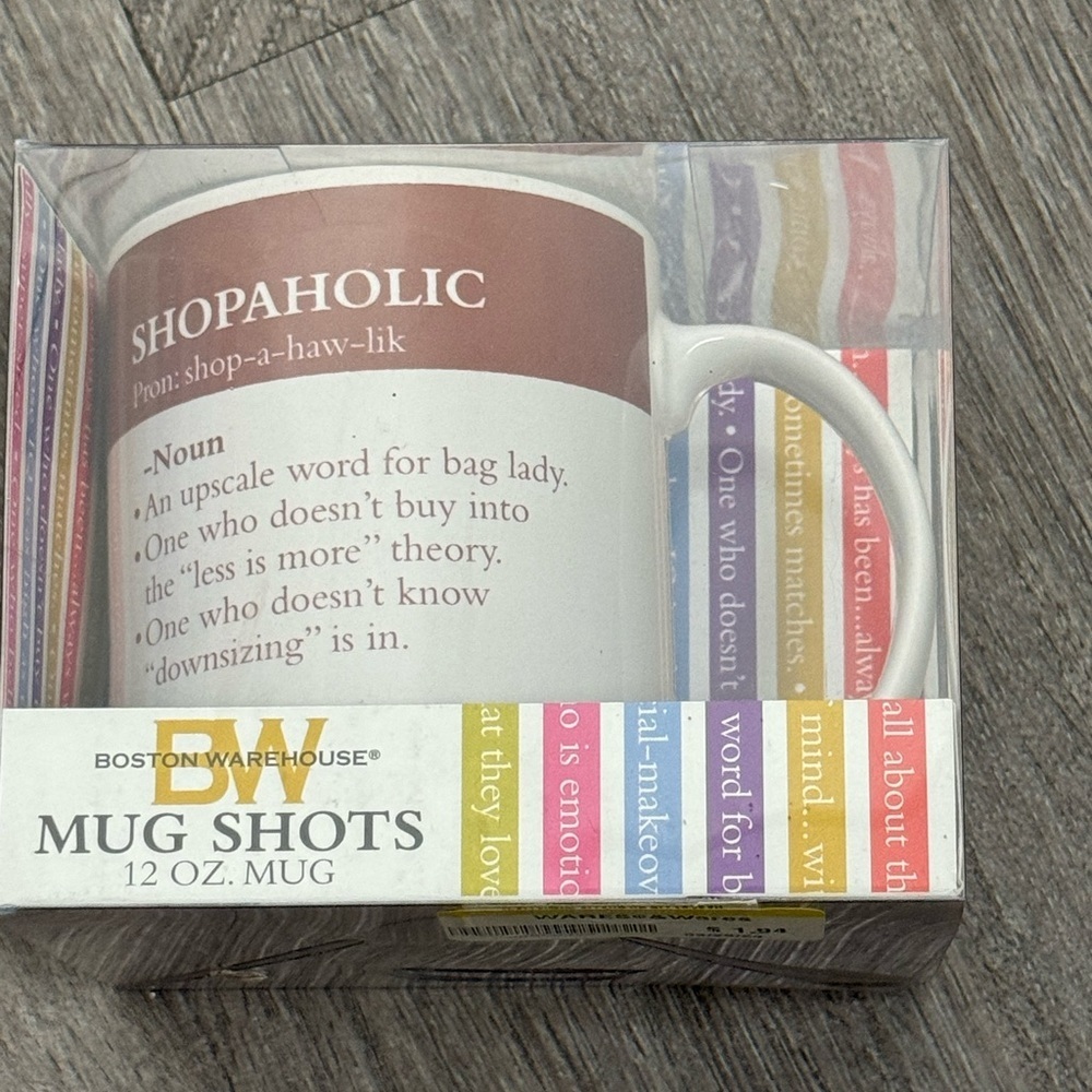 Boston Warehouse White Mug with Colorful Text “Shopaholic “